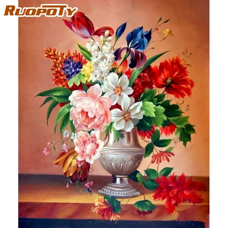 

RUOPOTY Oil Painting By Number Flowers Vase Wall Art Unique Gift DIY Frame Coloring By Numbers Acrylic Canvas For Living Room