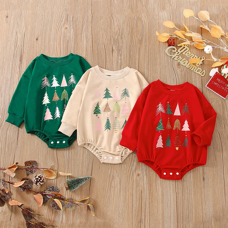 

Baby Girls Boys Christmas Romper Infant Round Neck Long Sleeve Christmas Tree Print Jumpsuits Bodysuits
