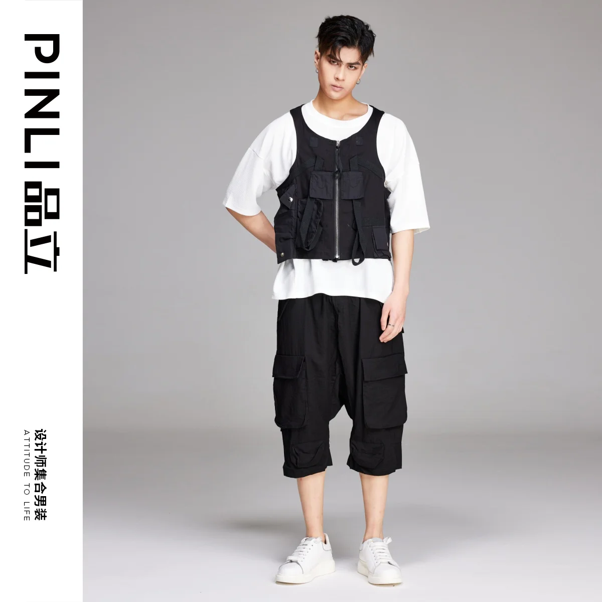 PINLI2022 summer new black overalls shorts men's youth Capris fashion brand GD222317479
