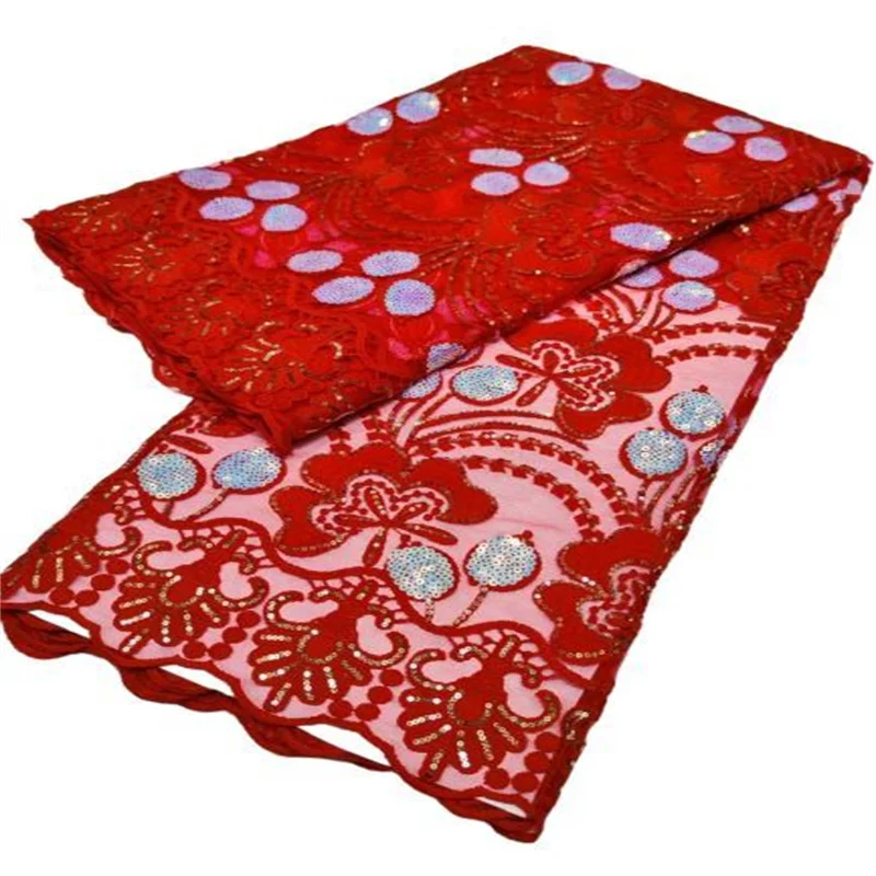 

Red Embroidery Sequin Tulle Lace Fabric African Sequence Lace Fabric High Quality Nigerian French Mesh Net Lace for Woman White