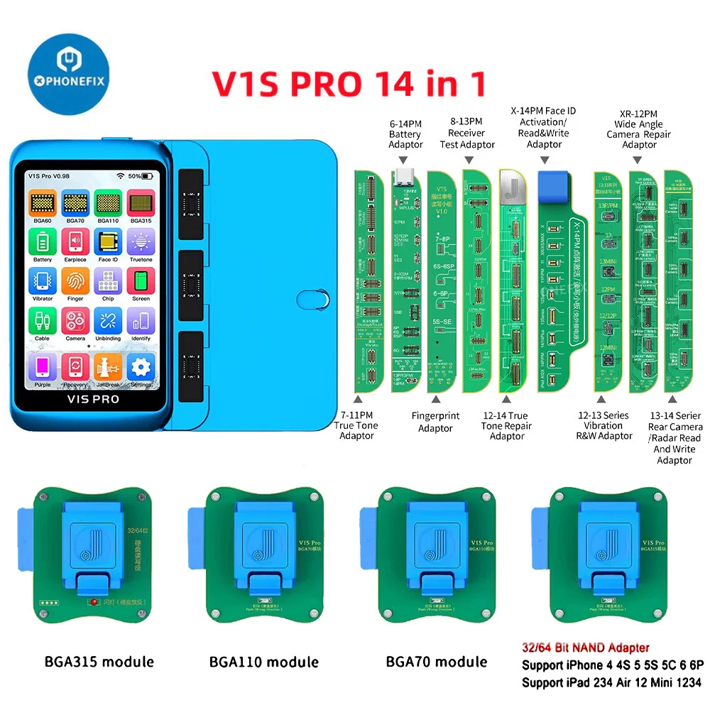 

Программатор JCID JC V1S Pro, BGA70 BGA110 для iPhone 6 - 14 Nand, флэш-память, чтение, запись, задняя камера, экран, True Tone, сканер лица, инструмент для ремонта