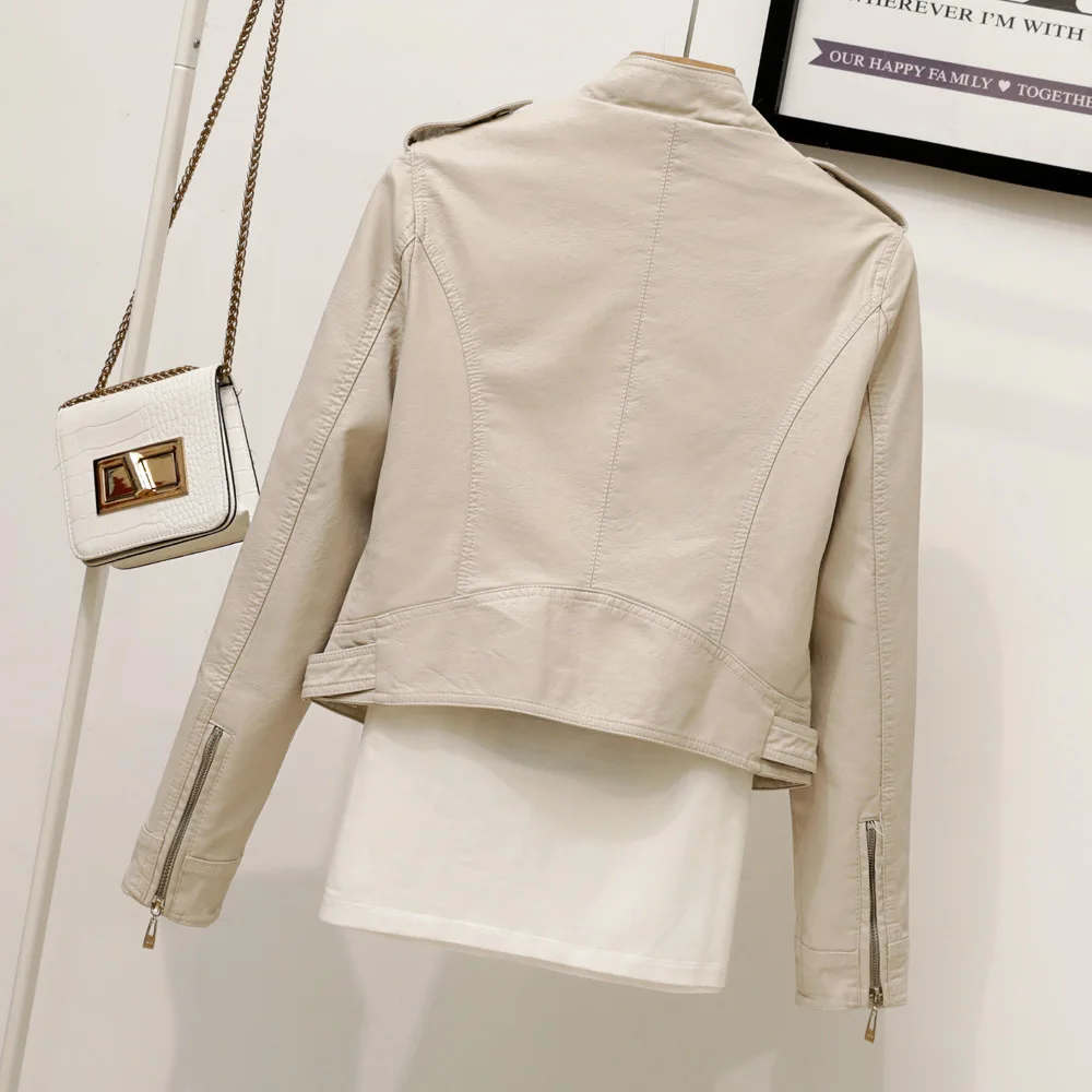 2023 new stand-up collar handsome motorcycle leather jacket epaulette coat short slim-fit Korean version of small leathe