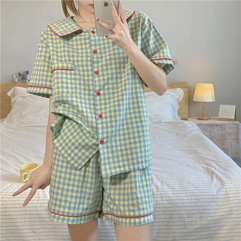 Yasuk Spring Summer Fashion Women's Casual Lovely Red Plaid Sleepwear Cute Kawai Retro Pajamas With Shorts Pants Green Soft