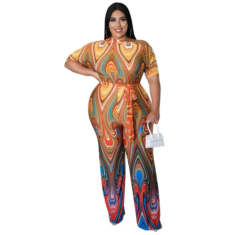 

Straight Jumpsuit Women Rompers Skew Neck Wide Leg Pants Playsuit Summer New Fashion Print Streetwear Lace Up Jumpsuits Overalls