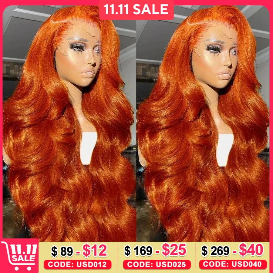 Бесклеевые Оранжевые Рыжие 13x6 HD Парики из натуральных волос на кружеве спереди