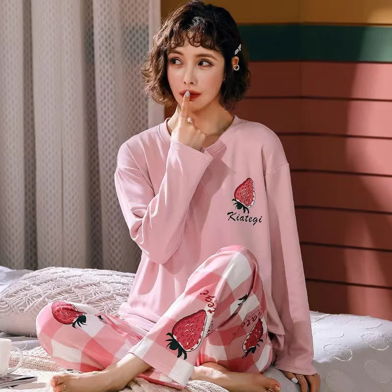 100% Cotton Pyjamas Suits Women Spring Autumn Round Neck Sweet Cute Leisure Lounge Sleepwear Home Clothes 2 Pieces /Sets Hom