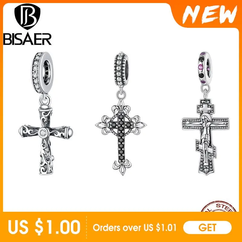 BISAER 925 Sterling Silver Jesus Cross Charm Retro Black Zircon Cross Hang Pendant Bead Fit Original Bracelet DIY Fine Jewelry