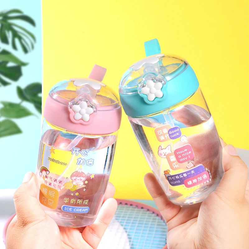 

New Creative Bounce Cover Portable Student Straw Cup Cartoon Plastic Cute Water Bottle with Straw Kawaii Drinkware Free Stickers