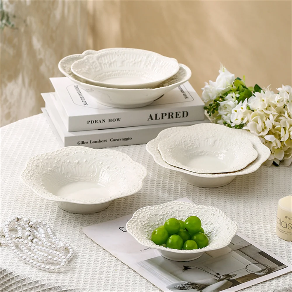 

Porcelain Vintage Carved Plate Household Oval European Vintage Lace Plate Embossed Breakfast Dessert Cake Antique Tableware