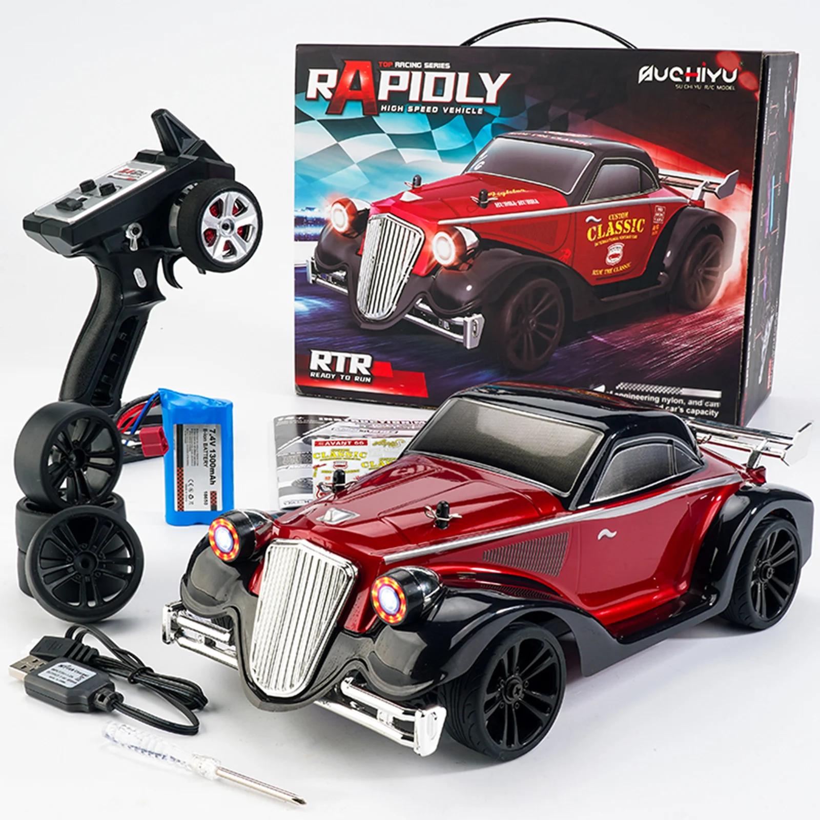 

1/16 Electric 4WD Flat Run Drift Car(Classic Car) 2.4GHz Fast Stunt RC Car, RC Retro Car w/ Light Off-road RC Car for Child New
