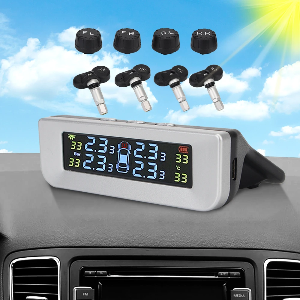 

Tyre Pressure Monitoring System Car Accessories 4pcs External/Interior Sensors Newest TPMS Digital LCD Display Solor USB Power