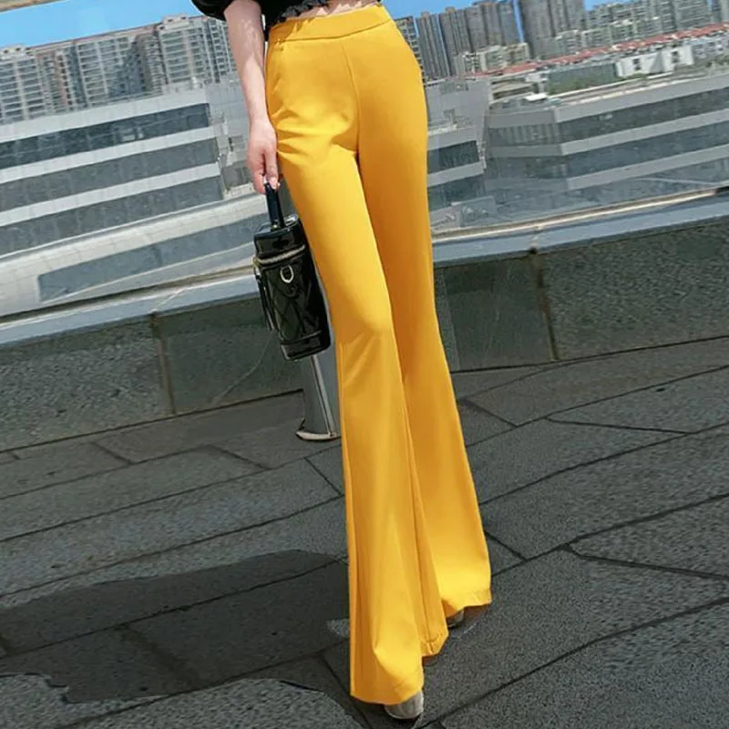 Fashionable Office Lady High Waist Solid Flare Pants Summer Classic All-match Elastic Slim Full Length Trousers Women's Clothing