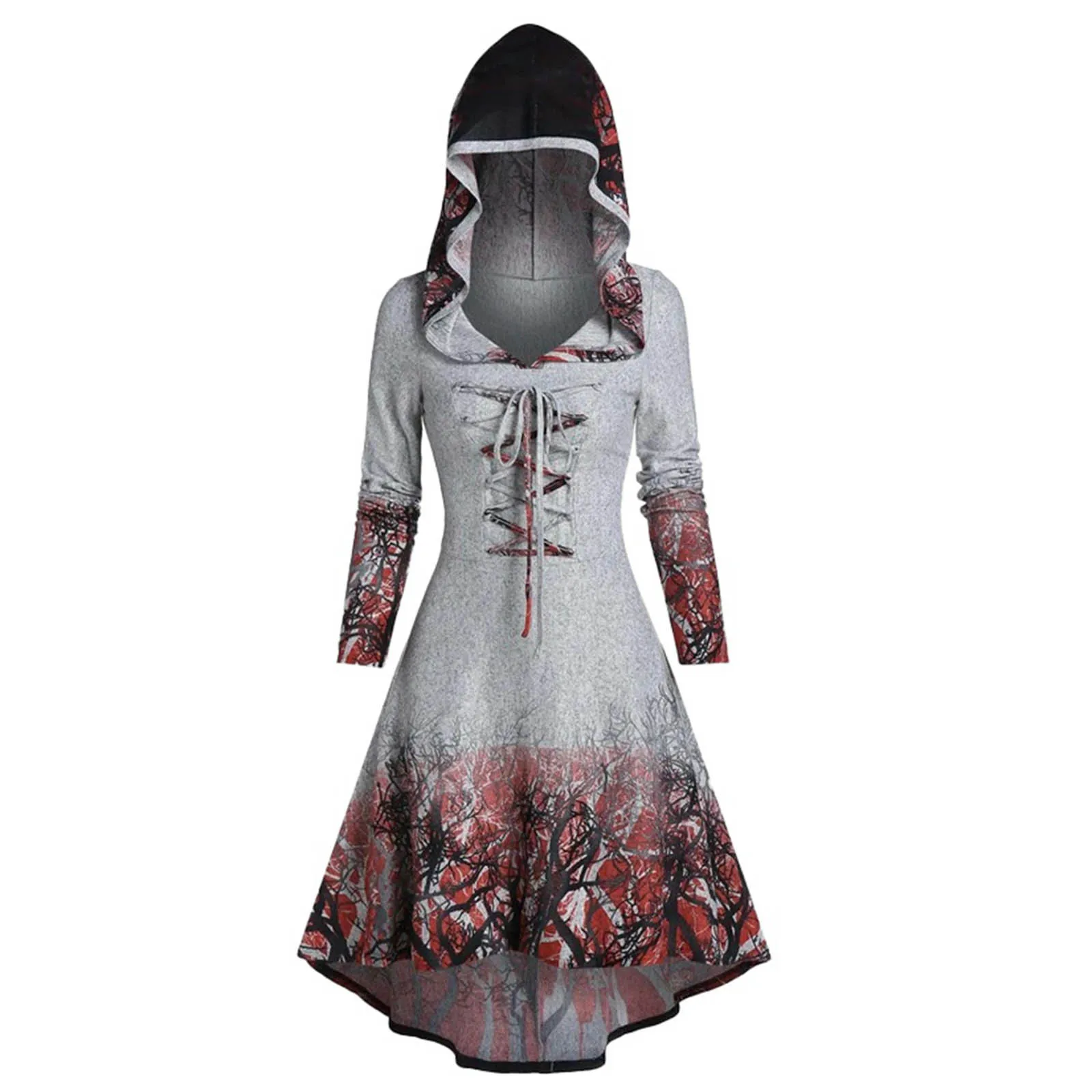 

Women's Tree Print Dress With Long Sleeves And An Irregular Hooded Top V Neck Dresses for Women Casual Summer