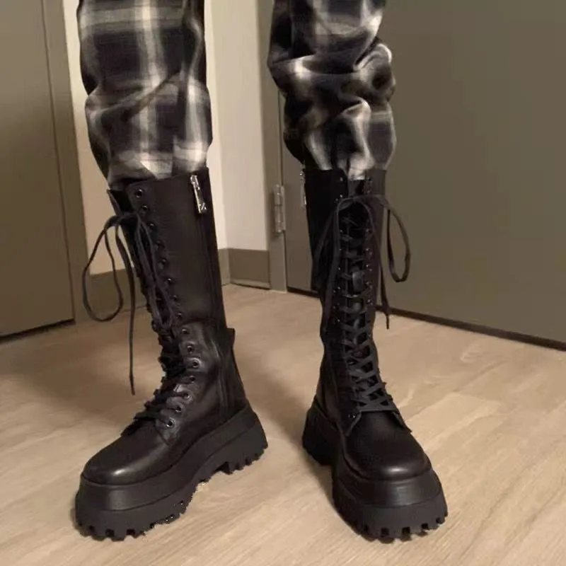 

New Fashion Chunky Platform Boots Women Autumn Winter PU Leather Knee High Boots Woman Punk Thick Bottom Long Botas