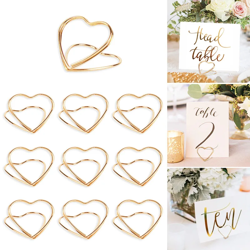 

10/20 Pcs Gold Heart Shape Metal Clip Stands Wedding Table Number Name Location Card Holder Birthday Party Decor Photo Clip