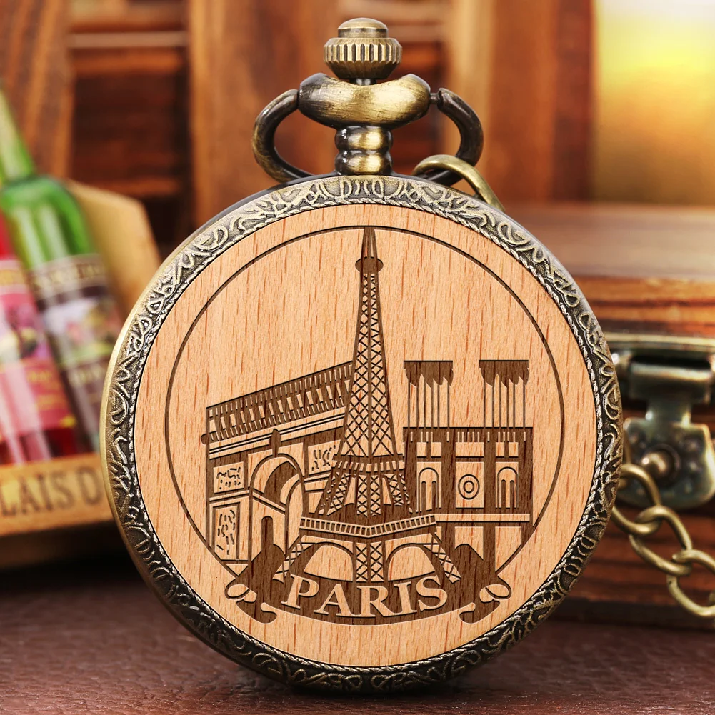 

Paris Landmark Eiffel Tower Building Engraved Wood Decorative Bronze Quartz Pocket Watch Souvenir Gifts Necklace Pendant Clock