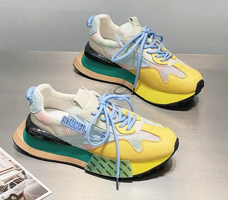 Women's Sneakers 2022 New Mesh Thin Platform Running Shoes Casual Mixed Colors Breathable Height Increased Wedge Platform Shoes