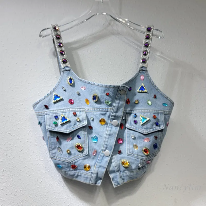 

Hot Girl Sexy Denim Crossover Strap Camisole Women's Outer Wear Heavy Industry Beads Short Sleeveless Y2k Top Tank 2023 Summer