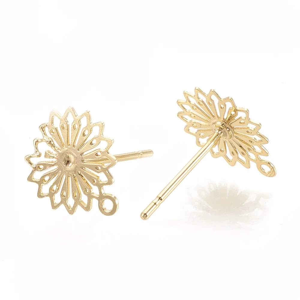 

2-4pcs Brass Stud Earring Findings with Loop Flower Nickel Free Real 18K Gold Plated 11.5x10mm Hole: 1mm pin: 0.7mm
