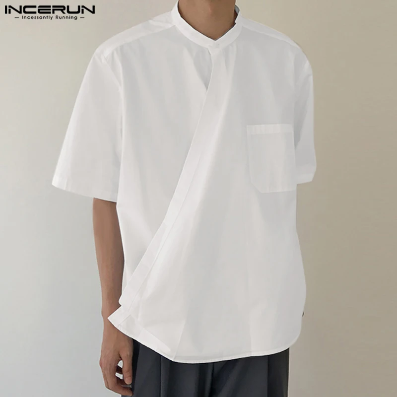

Топы INCERUN 2023, новые мужские дизайнерские рубашки в Корейском стиле с перекрестной планкой, модная однотонная универсальная блузка с коротким рукавом