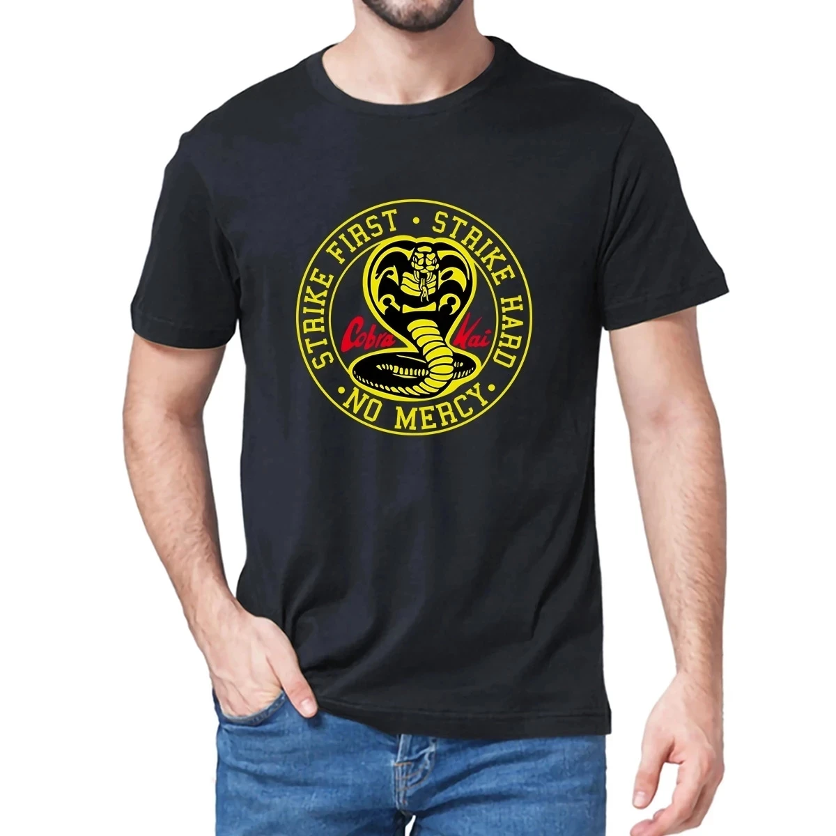 

Unisex 100% Cotton Cobra Kai No Mercy Strike First Strike Hard 80s Karate Kid Movie Men's T-Shirt Gift Women Top Casual Soft Tee