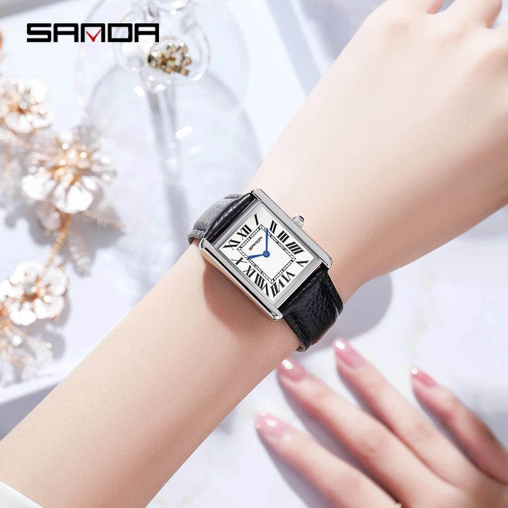 Sanda Rectangular Wrist Watches for Women Silver Case Ladies Watches Luxury Brand Leather Band Quartz Clock zegarek damski 1108