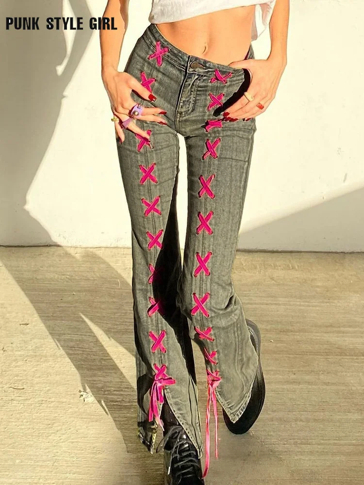 

Low Waist Y2K Denim Straight Jeans Split Vintage Aesthetic Contrast Grunge Bandage Pants Woman Cute Insta Outfit Cyber Pants