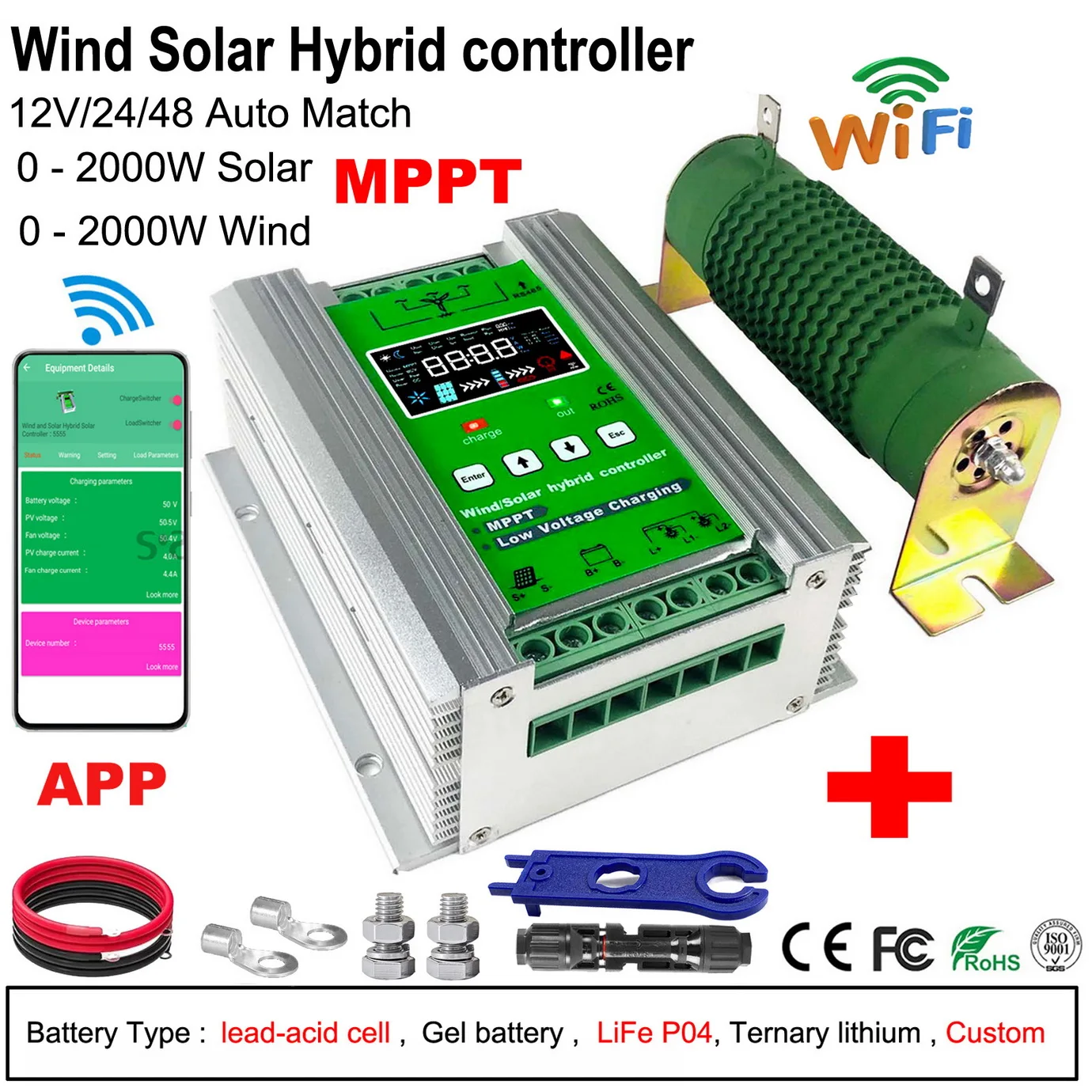 

3000w 4000W(Wind 2000W+ Solar 2000W) Wifi 12V 24V 48V AUTO MPPT solar wind Hybrid charge Controller, With Dump Load,LED Display