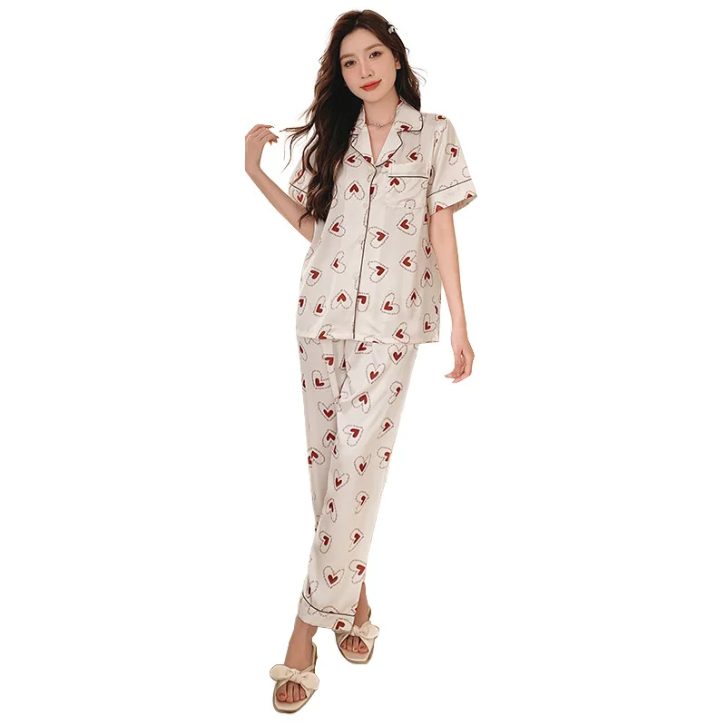 New Pajamas Women's Summer Short-sleeved Trousers Suit Home Service Comfortable and Breathable Loungewear with Turn-over Collar