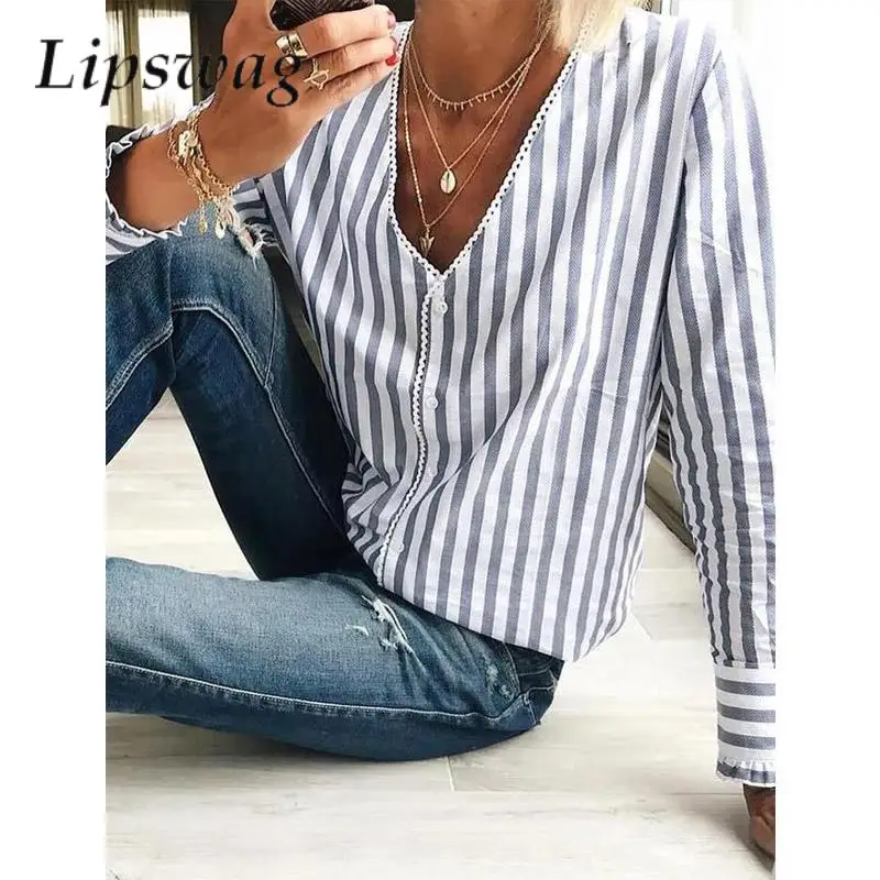 

Casual V Neck Single-breasted Blouse Vintage Harajuku Stripe Print Women Shirt Fashion Spring Summer Long Sleeve Lace Tops Blusa