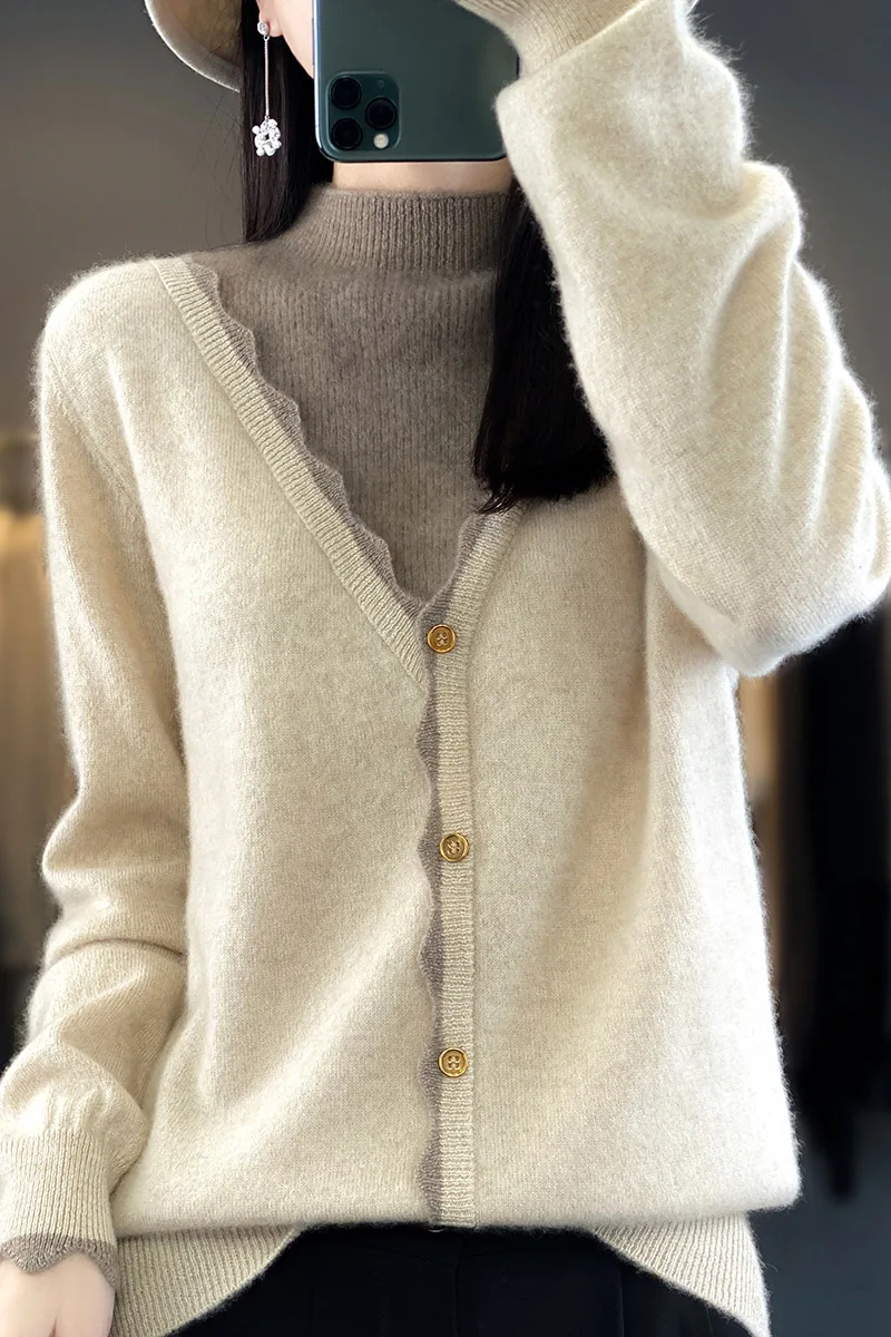 100% WoolBaseSweater для женщин, осень и зима, полувысокий воротник, вышивка, поддельный топ из двух частей, пуловер, вязаный теплый свитер