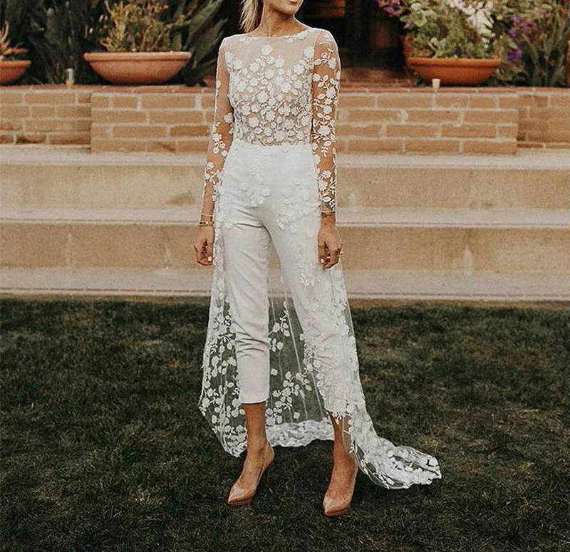 

Sexy Open Back Wedding Pant Suits For Brides With Train Applique Lace Long Sleeves Wedding Jumpsuits Women Elegant Formal Dress