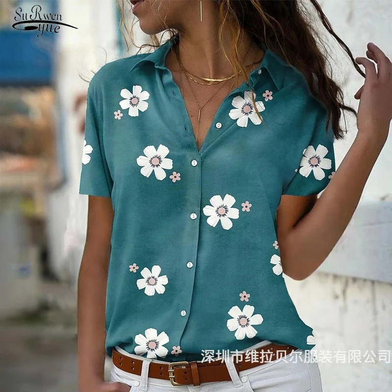 

2022 Casual Short Sleeve Button Flower Print Shirt Cute Pink Women Clothes Summer New Fashion Office Lady Shirt Blouse 22084