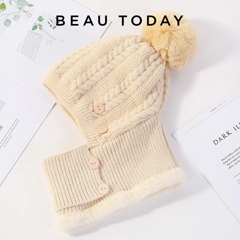 

Женская Вязаная Шапка-бини BeauToday, вязаная шапка с капюшоном и воротником ручной работы, H5