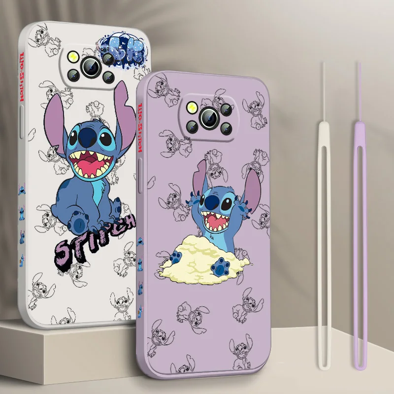 

Disney Stitch Anime Liquid Left Rope Phone Case For Xiaomi POCO F3 X4 X3 NFC GT X2 C31 C3 M2 M3 M4 Pro Funda Cover