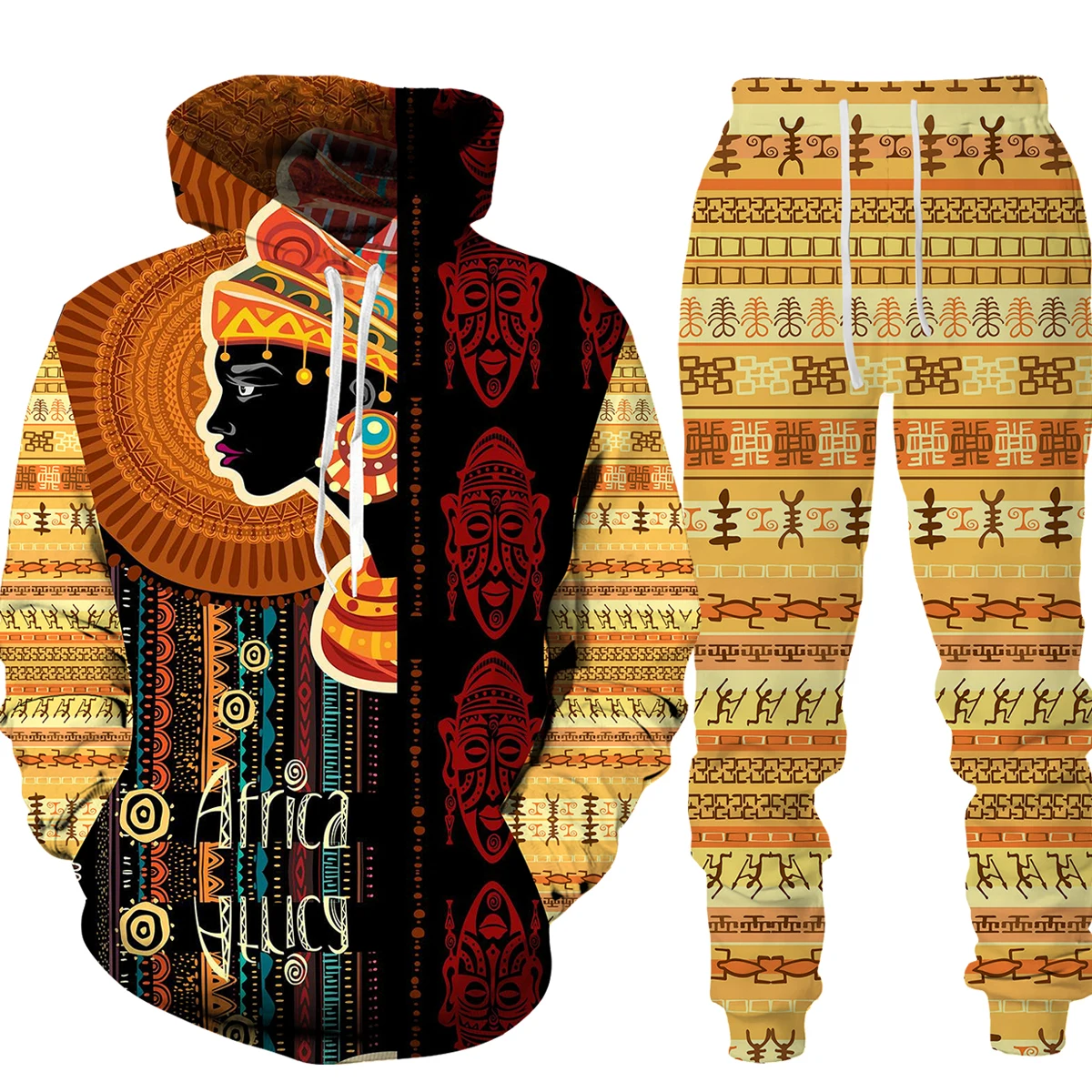 Kadın erkek 3D afrika baskı rahat Hoodie/takım elbise çift eşofman kıyafetler Vintage stil Hoodie pantolon seti erkek/kadın giyim seti