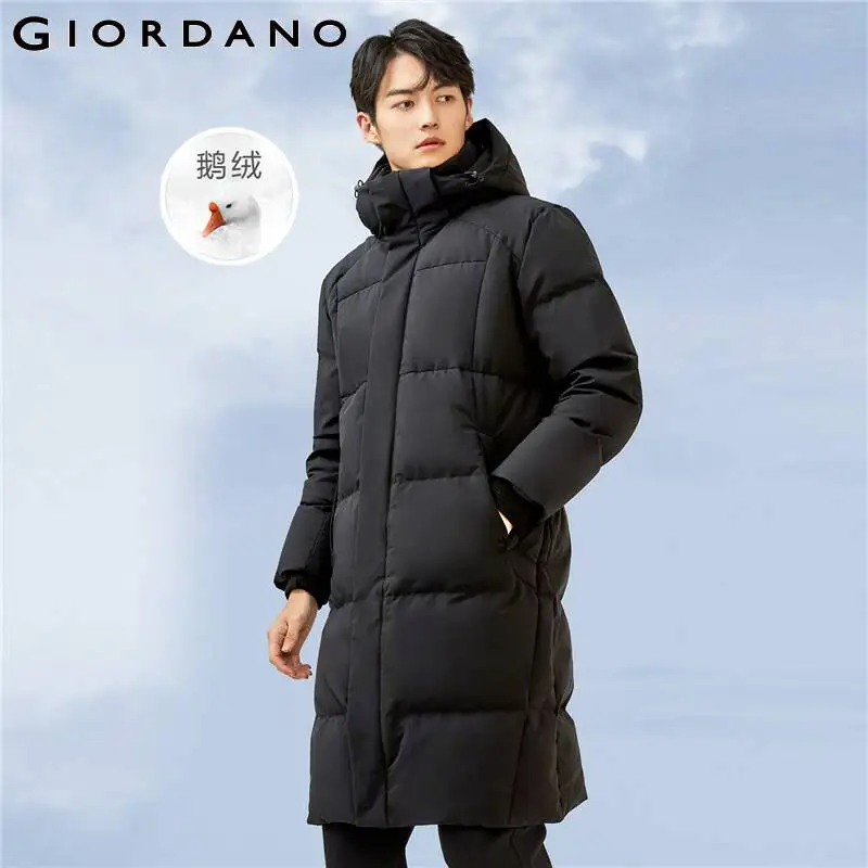 Giordano Men Men's Thick Goose Down Long Jacket with Removable Hood