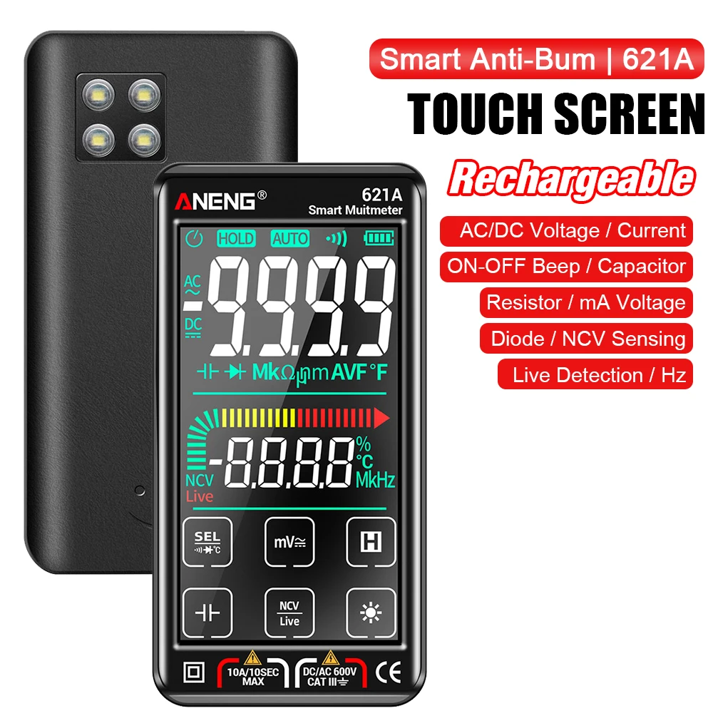 

LCD Touch Screen Auto Electrical Capacitance Meter 621A Digital Smart Multimeter Auto Range NCV Universal Meter 9999 Counts