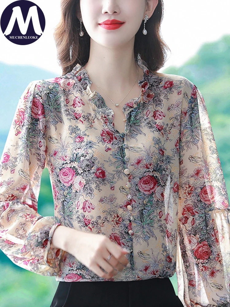 

Elegant and Youth Woman Blouses 2023 Summer New Printing Long Sleeved Wave Collar Shirts Fashion Leisure Single Breasted Blouses