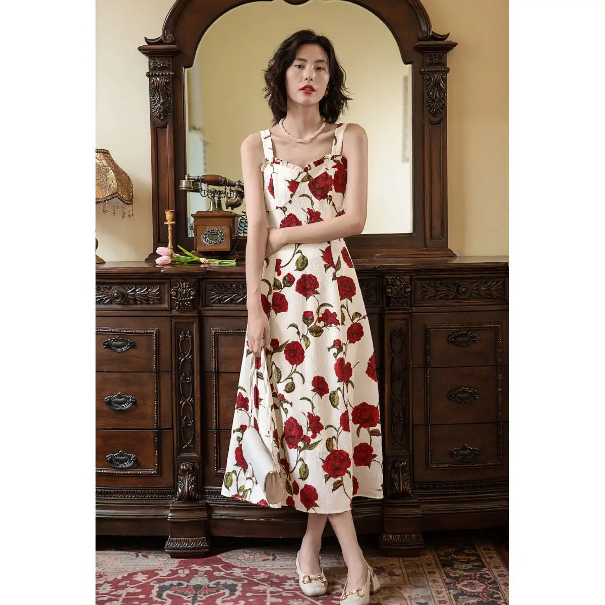

2022 Summer New Women's French Print Slip Dress Vintage Rose Flower Long Dress
