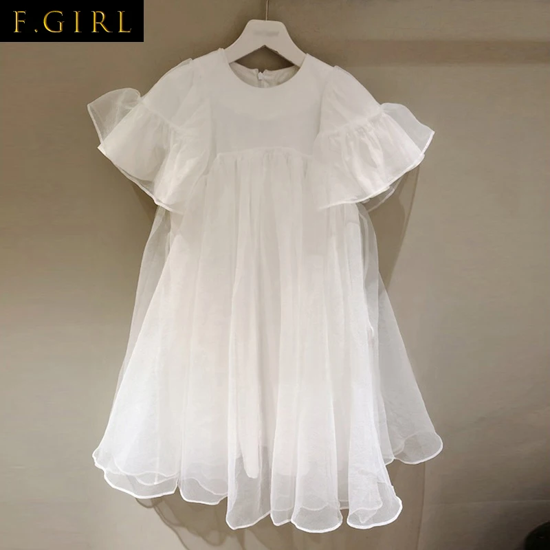 

F GIRLS Ruffles Mesh Sweet Shirt Blouse Women O-neck Solid Color Loose Camisas Mujer Casual All-match Modis Cheimse Femme