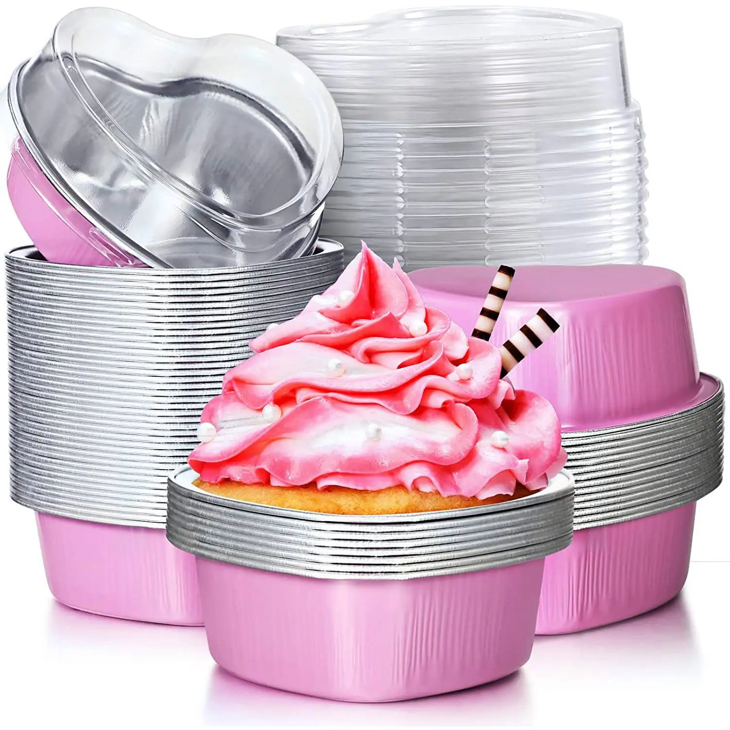 

Valentine Aluminum Foil Cake Pan Heart Shaped Cupcake Cup with Lids,Mini Cupcake Cup Flan Baking Cups with Lid Rose Pink