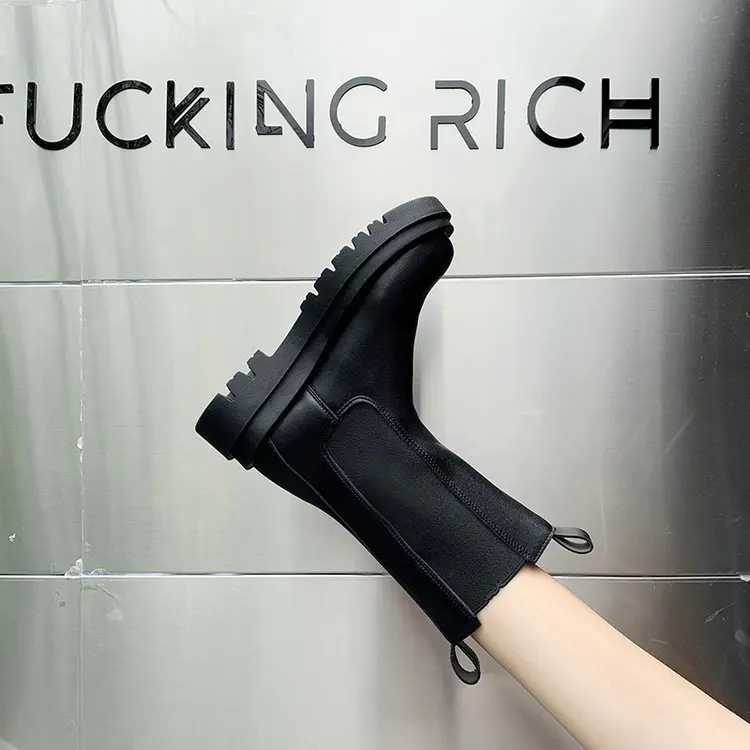 2022 Winter New Brown Women's Boots Thick-soled High-tube Wool Womens Shoes Platform Chelsea Boots High-heeled Short Boots Women