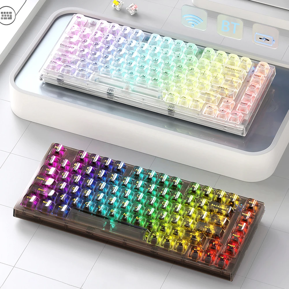 

82 Keys Gaming Keyboard 3 Modes Transparent Mechanical Keyboard Keycaps Bluetooth-compatible 2.4G RGB Light for Desktop Computer