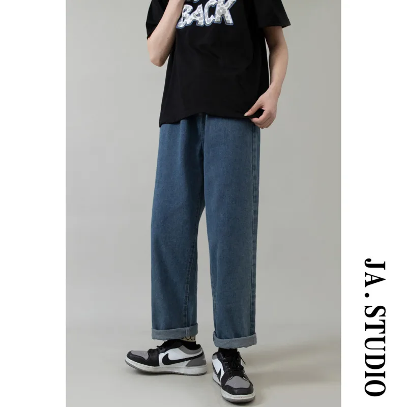 Blue/Black Jeans Men Fashion Cotton Casual Wide Leg Plaid Jeans Men Streetwear Loose Hip Hop Straight Denim Pants Mens Trousers