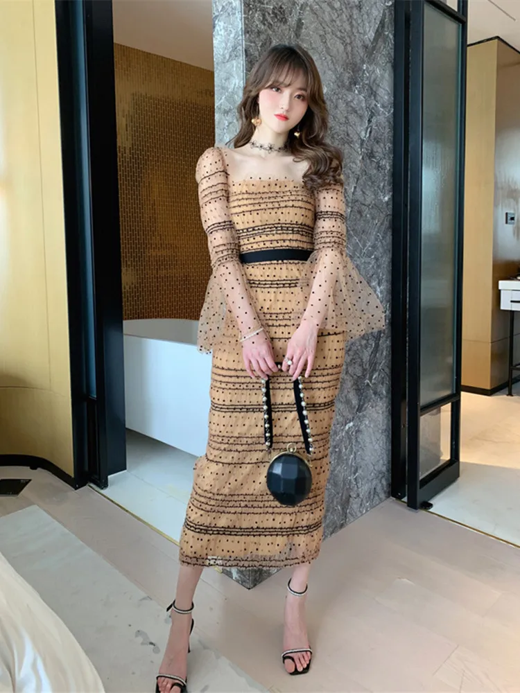 

2023 New Spring Khaki Greceful Voile Flare Sleeve Mid Calf Dress Graceful Woman Evening Party Outfit Date Dinner Vestido