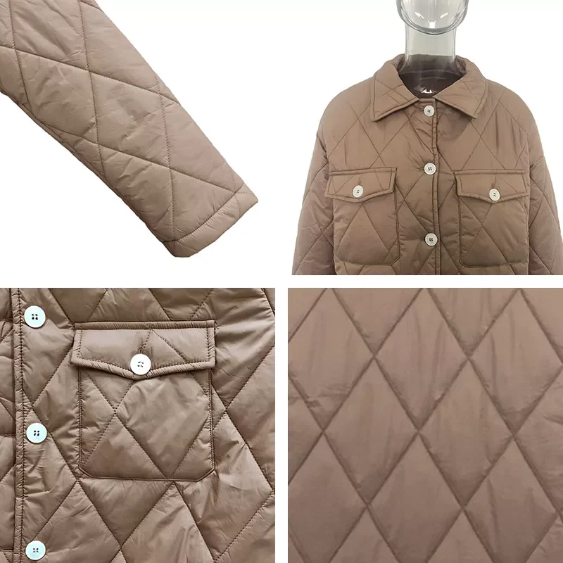 Argyle Casual Buttons Parkas Women Fashion Turn Down Collar Coats Women Elegant Pockets Cotton Jackets Female Ladies