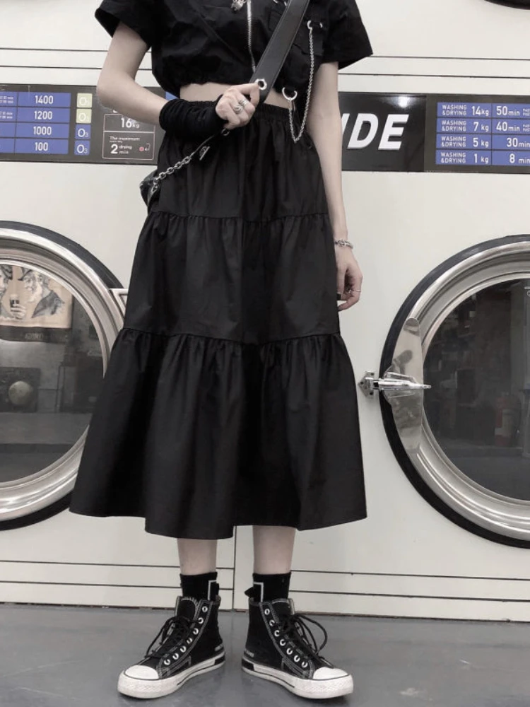 

Black Gothic Skirt Women Summer Harajuku Mid-Calf Solid Skirt High Street A-LINE White Casual Female Streetwear 2022