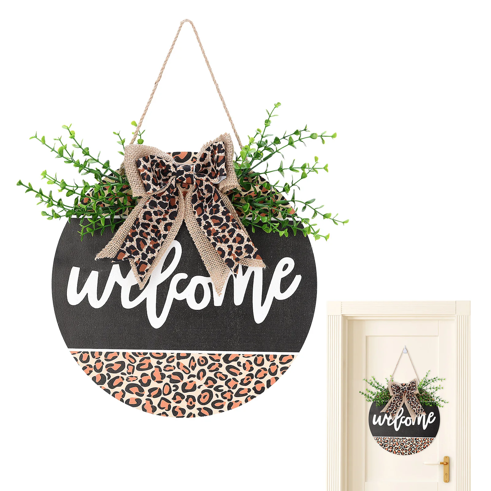 

Leopard Door Sign Round Wooden Hanging Front Door Decor Sign Minimalist Leopard Front Door Hanger Outdoor Welcome Wall Art For