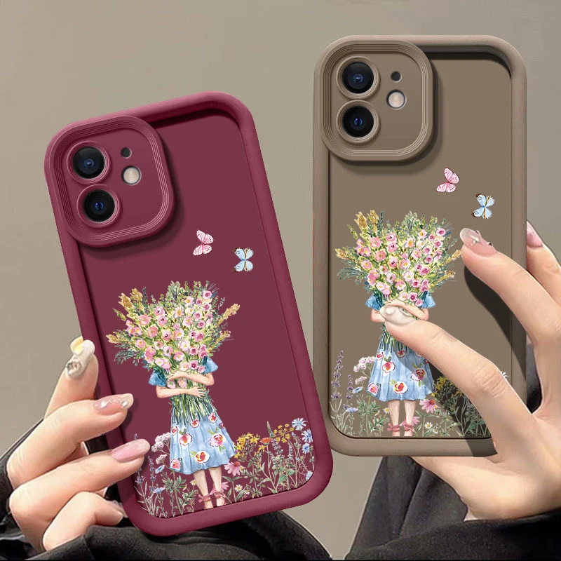 Противоударный чехол с изображением девушки цветов для iPhone 15 Pro Max 11 12 13 14 Мягкая